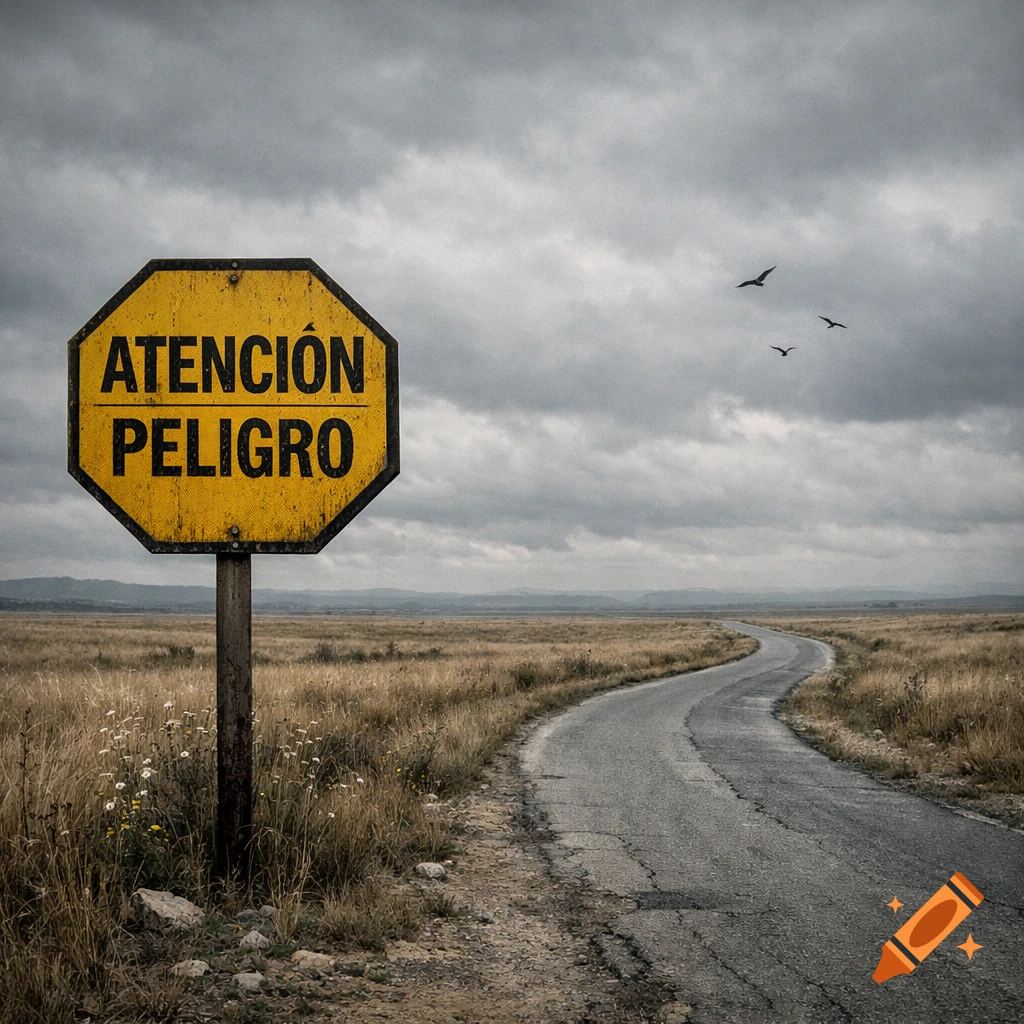 A weathered yellow octagonal sign reading "ATENCI R CION PELIGRO" stands beside a winding road through a dry, grassy field under a cloudy sky.