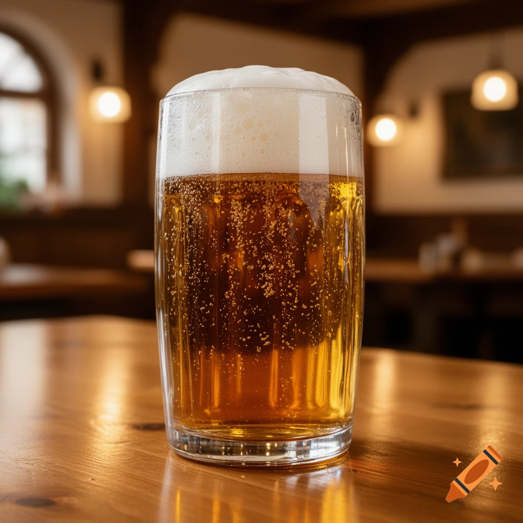 A glass of golden beer with white foam sits on a reflective wooden table in a dimly lit pub.