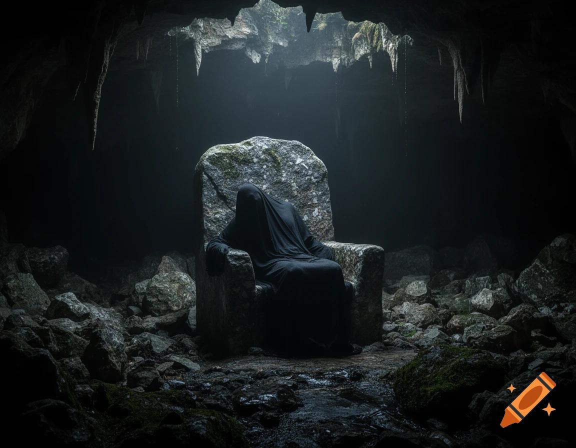 A shadowy, cloaked figure sits on a rough rock throne within a dark, misty cave with stalactites.