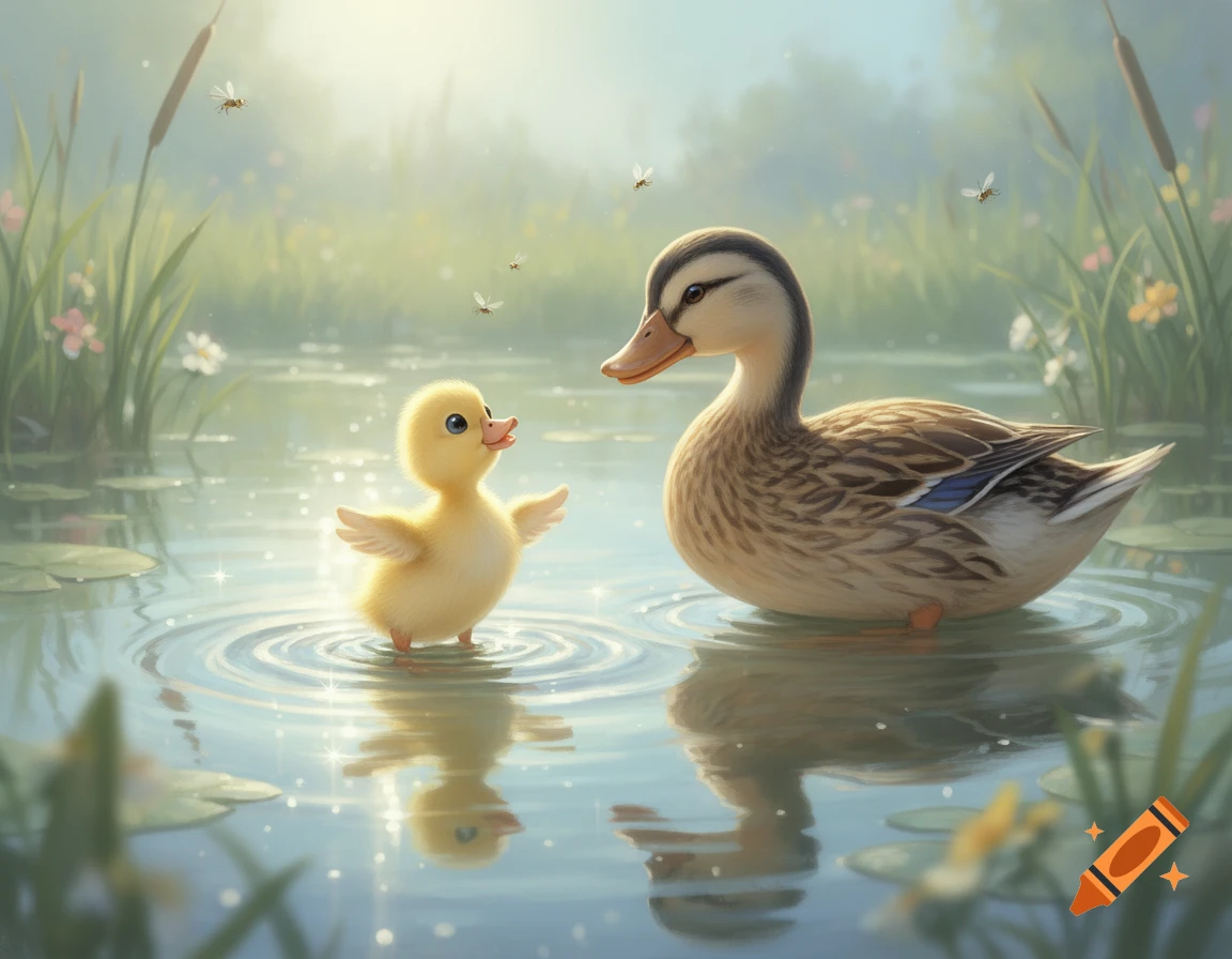 A cute duckling with outstretched wings looks up at an adult duck in a sunny pond with lily pads and tall grass.