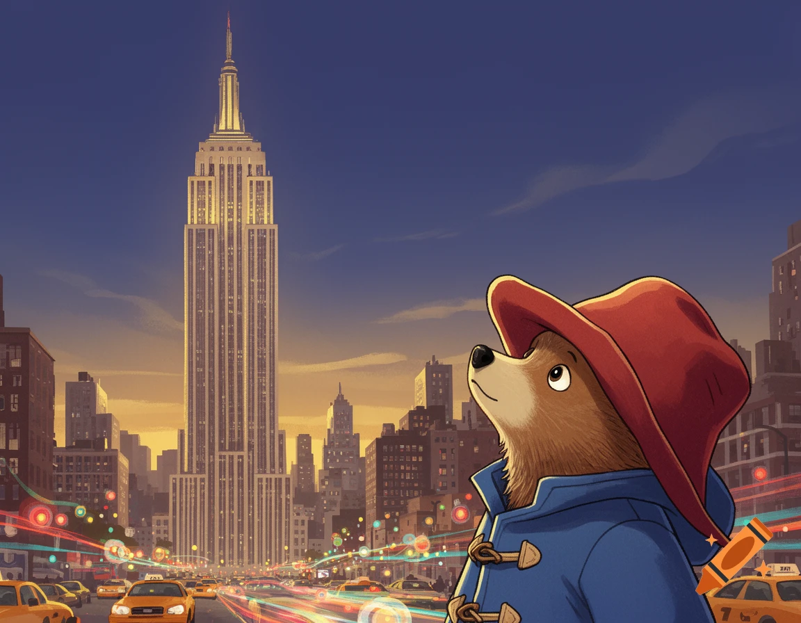Paddington Bear in a blue coat and red hat looks up at the Empire State Building in a bustling New York City street at dusk, cartoon style.