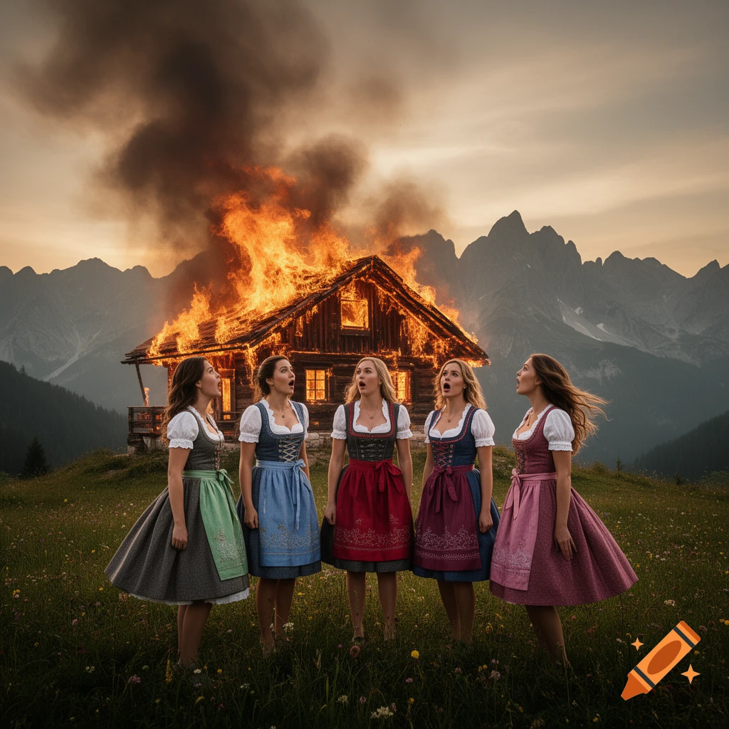 Five women in colorful dirndls stand in a meadow, looking up in shock at a wooden mountain hut engulfed in flames behind them, with mountains in the background at sunset.