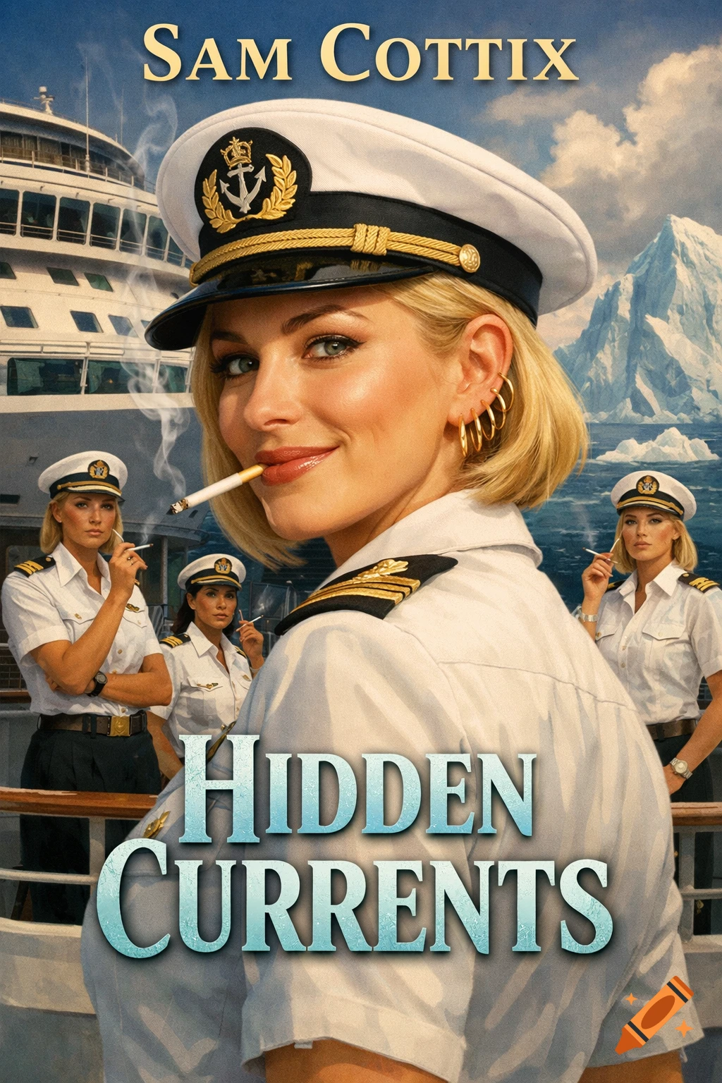 A blond female ship captain with a lit cigarette smiles on a cruise ship deck with icebergs, flanked by other female officers. Text: Sam Cottix, Hidden Currents.
