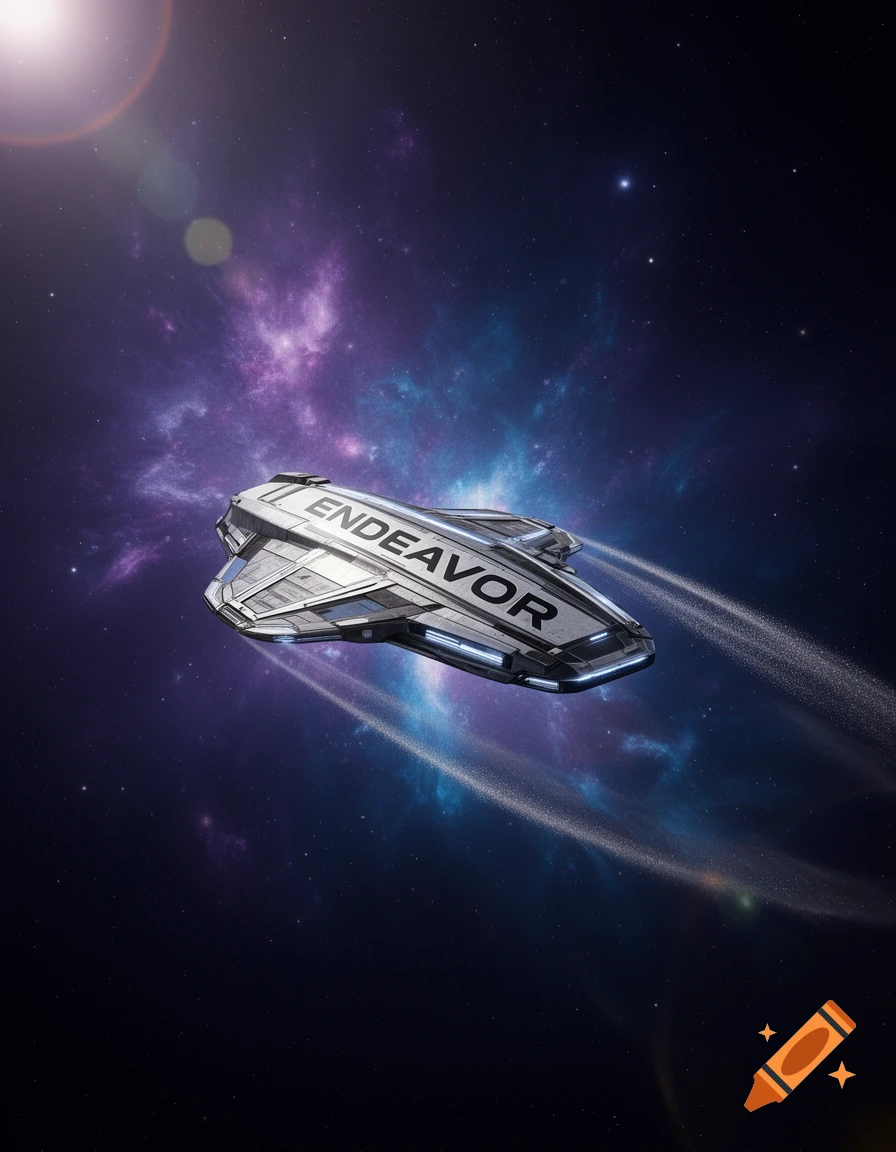 A sleek, metallic spaceship named "ENDEAVOR" flies through a vibrant purple and blue nebula in deep space, with a bright sun in the upper left.