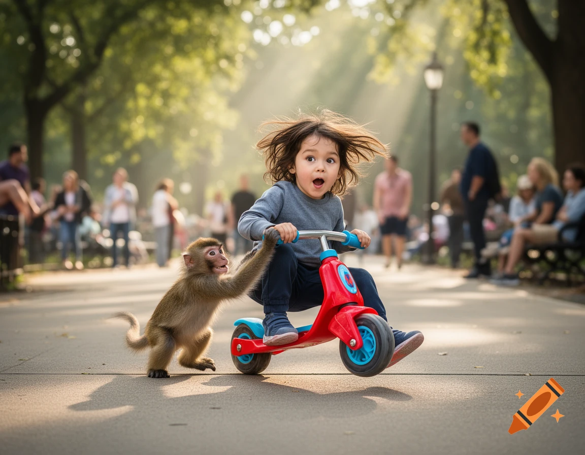 A surprised child rides a red scooter in a sunny park while a monkey pulls on the back, with blurred people in the background.