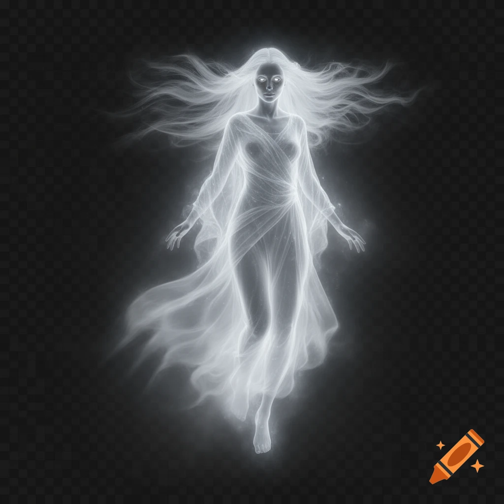 A glowing white female spirit or wraith floats with flowing hair and sheer drapery against a dark, transparent background.