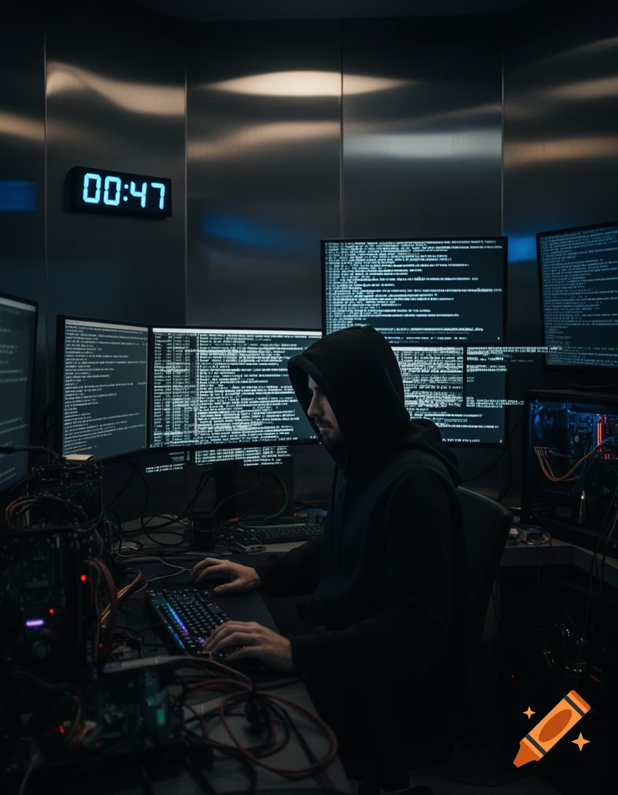 A person in a black hoodie works on multiple computer screens displaying code in a dark room with a digital clock showing '00:47'.