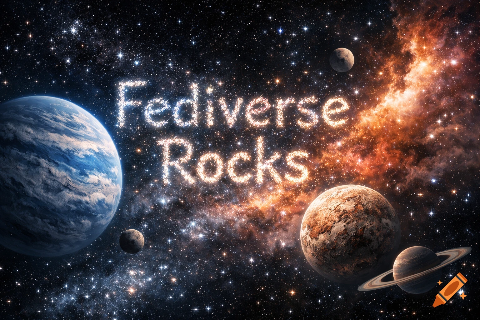 A vibrant space scene featuring Earth and other planets, distant stars, and a colorful nebula. The words "Fediverse Rocks" are spelled out in sparkling stars.