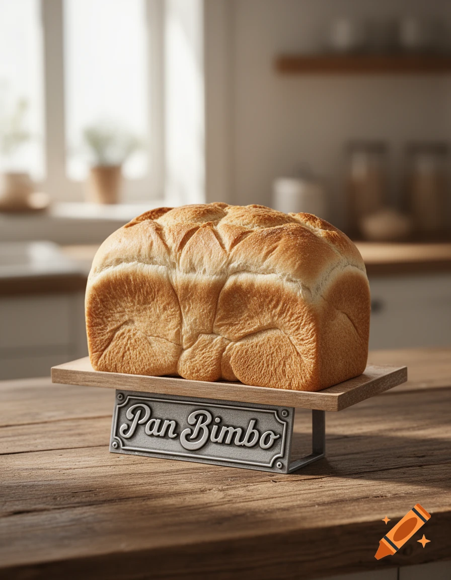 A photorealistic image of a loaf of bread on a wooden stand with a 'Pan Bimbo' label, set in a kitchen.