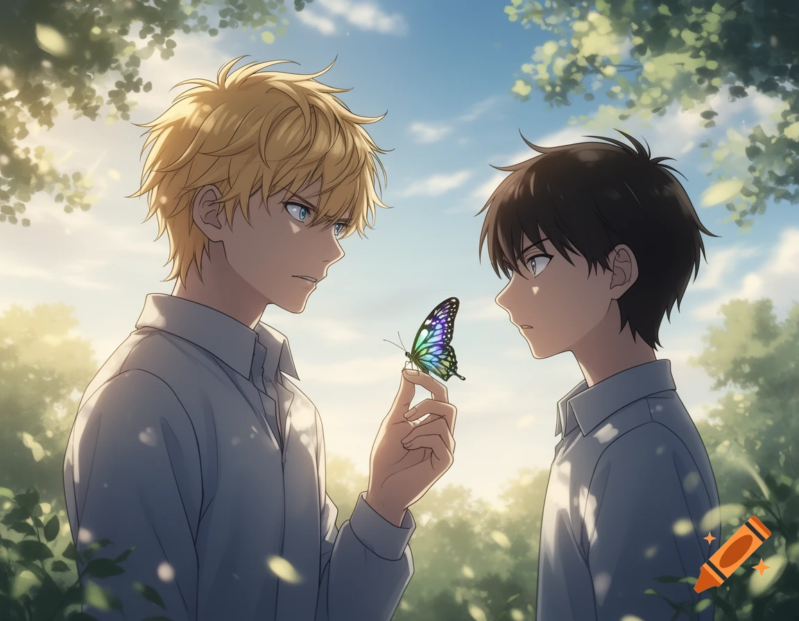 An anime illustration of a blonde boy holding a colorful butterfly, looking intently at a nervous dark-haired boy in a sunny outdoor setting.