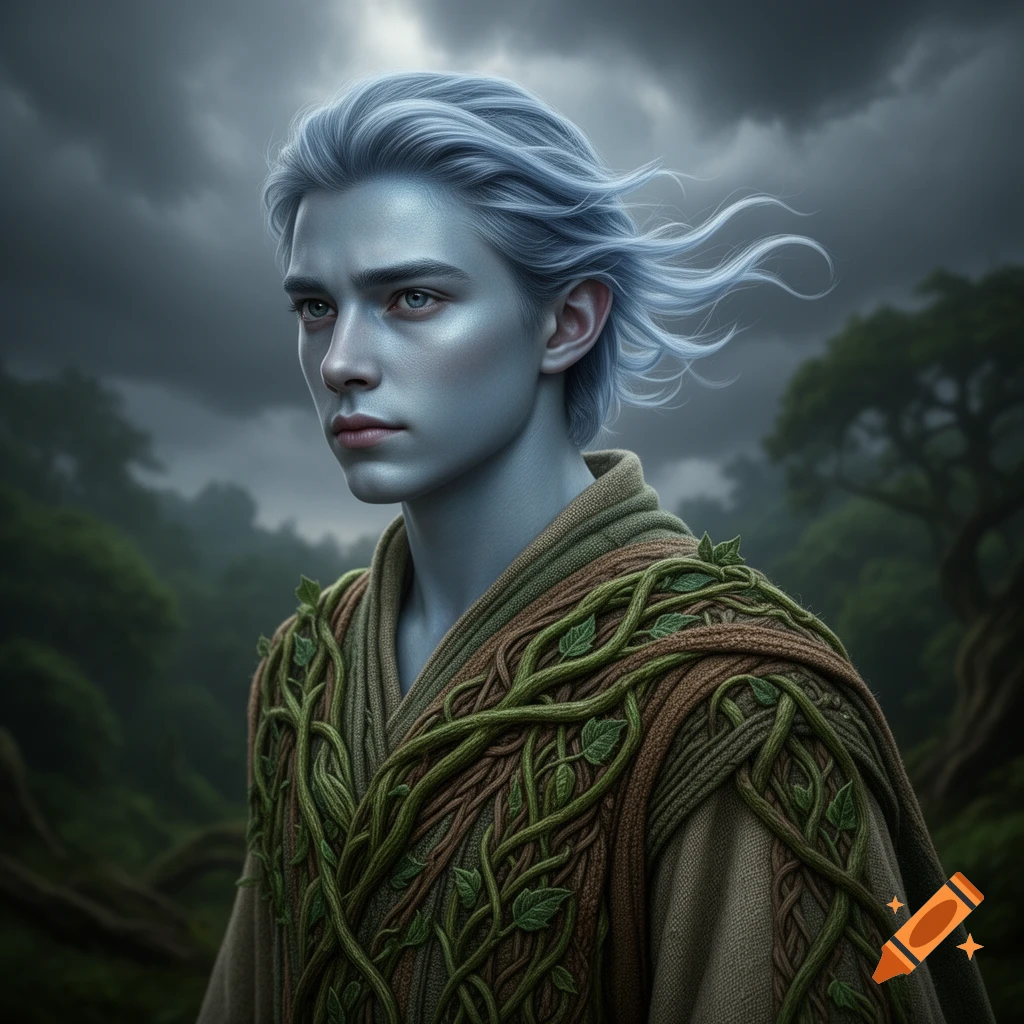 Young, pale blue-skinned Air Genasi Druid with light blue hair and a vine-covered robe stands in a misty forest under a stormy sky.
