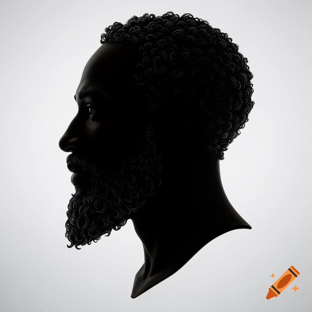 Side profile silhouette of a man with curly hair and a beard against a light gray background.