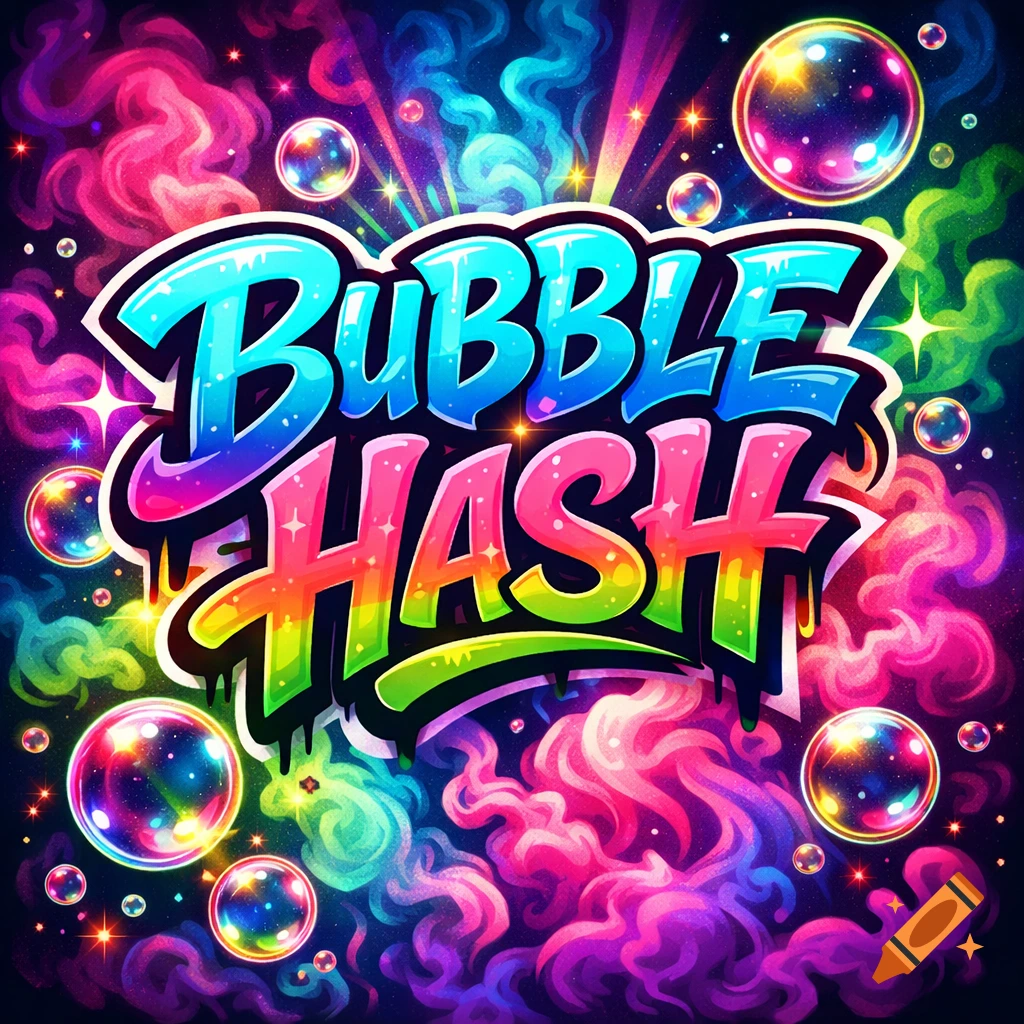 Vibrant, colorful 'Bubble Hash' graffiti-style lettering amidst swirling smoke, shiny bubbles, and sparkling stars.