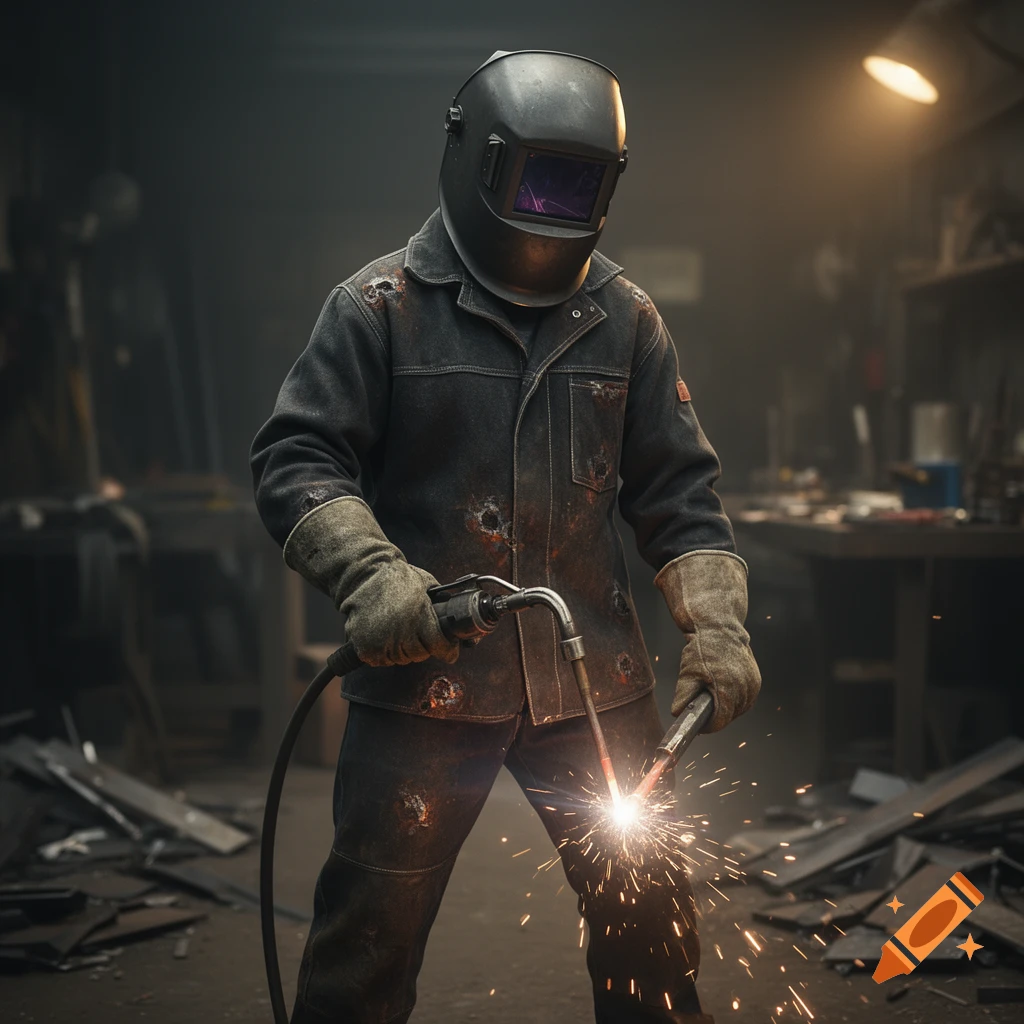 A welder in a dark workshop, wearing a helmet and protective gear, creates sparks while working on metal.