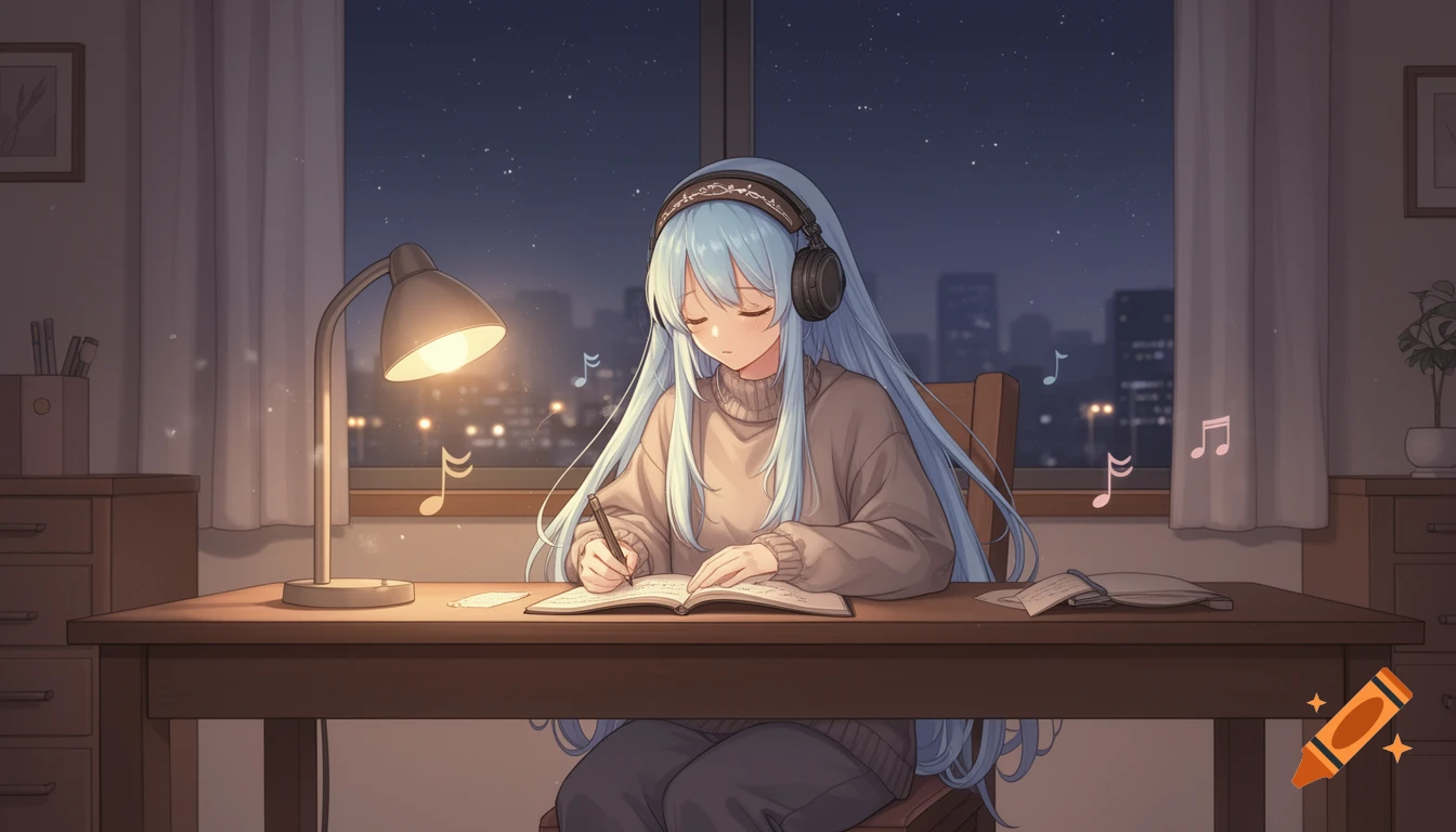 An anime girl with blue hair and headphones studies at a desk with a lamp, surrounded by floating musical notes, a city skyline visible at night.