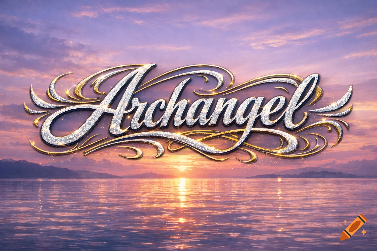 Glittery gold and silver 'Archangel' text decal against a vibrant sunset over water with distant mountains.
