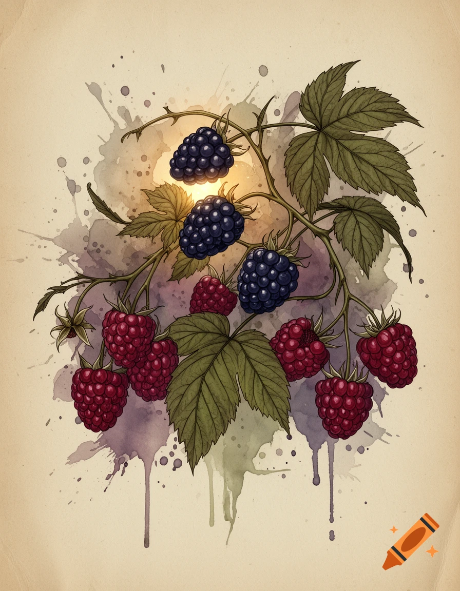 Watercolor sketch of raspberry and blackberry branches with green leaves on a splattered background.