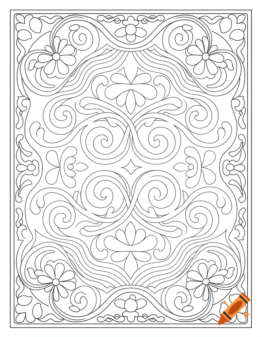 A black and white coloring page with a symmetrical, intricate floral and swirl pattern filling the rectangular frame.
