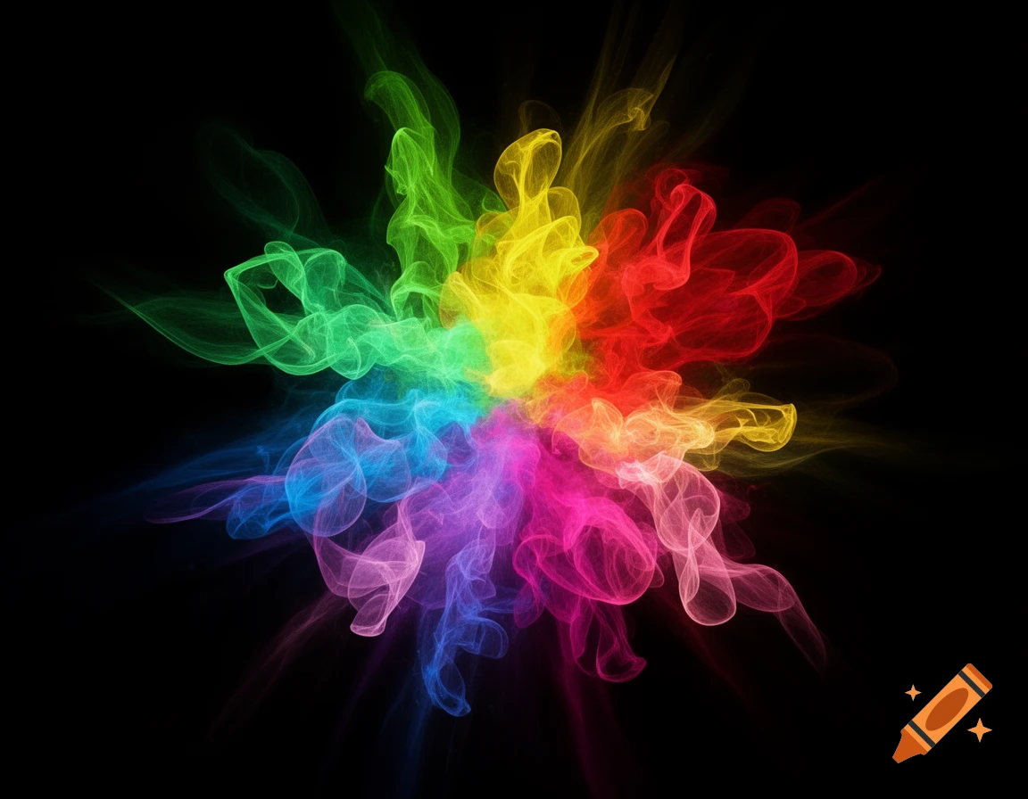 Vibrant swirling smoke in rainbow colors against a black background.