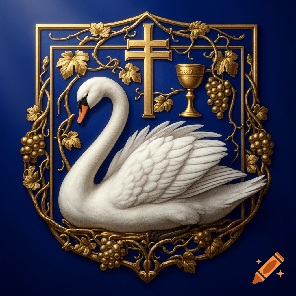 A white swan, a golden cross, a chalice, and grapevines framed in a gold heraldic shield on a deep blue background.