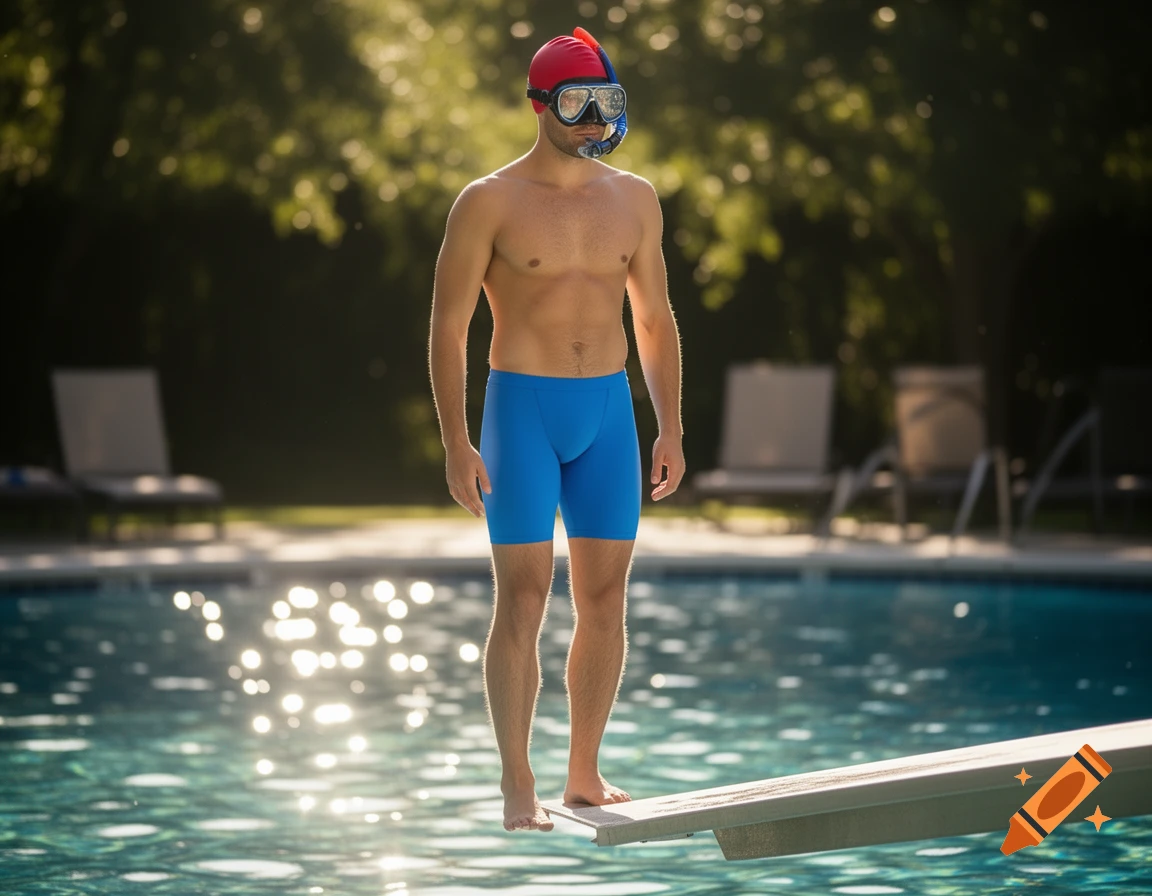 A photorealistic man in blue swimming trunks, red cap, and snorkel mask stands on a diving board at a sunny outdoor pool.