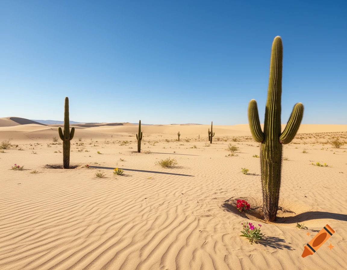 A wide shot of a desert landscape with rolling sand dunes under a clear ...
