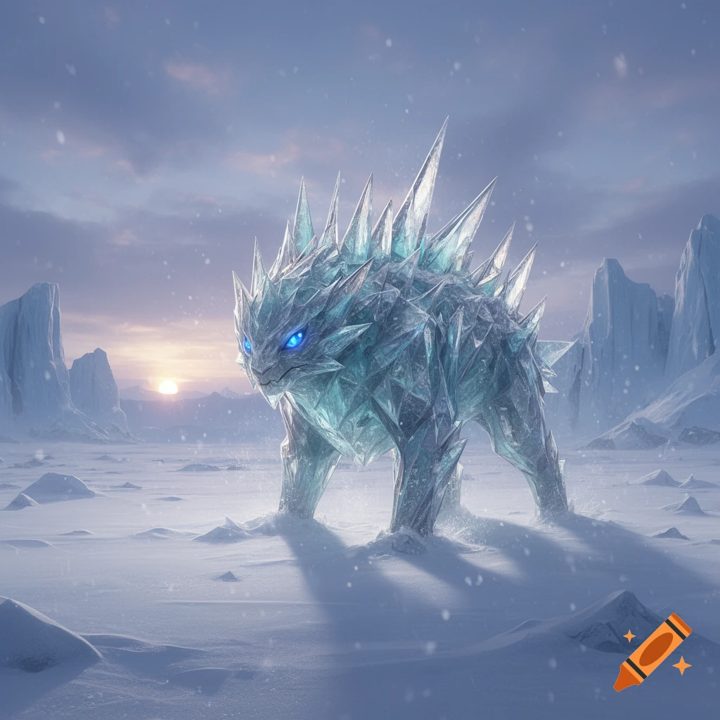 A formidable crystal-like ice creature with glowing blue eyes stands in a vast, snowy arctic landscape under a pale sunset.