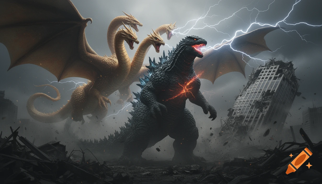 Godzilla battles King Ghidorah with lightning in a destroyed city under a stormy sky, photorealistic style.