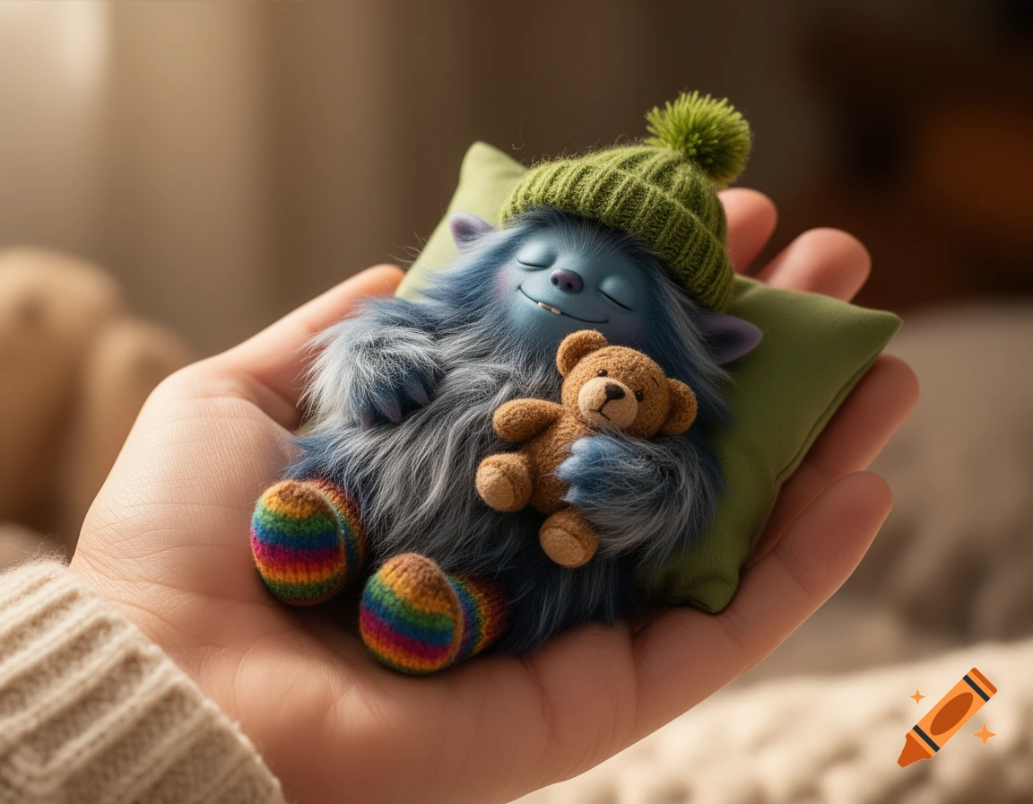 A fuzzy blue monster with a green bobble hat and rainbow socks sleeps on a green pillow, hugging a teddy bear in a human hand.