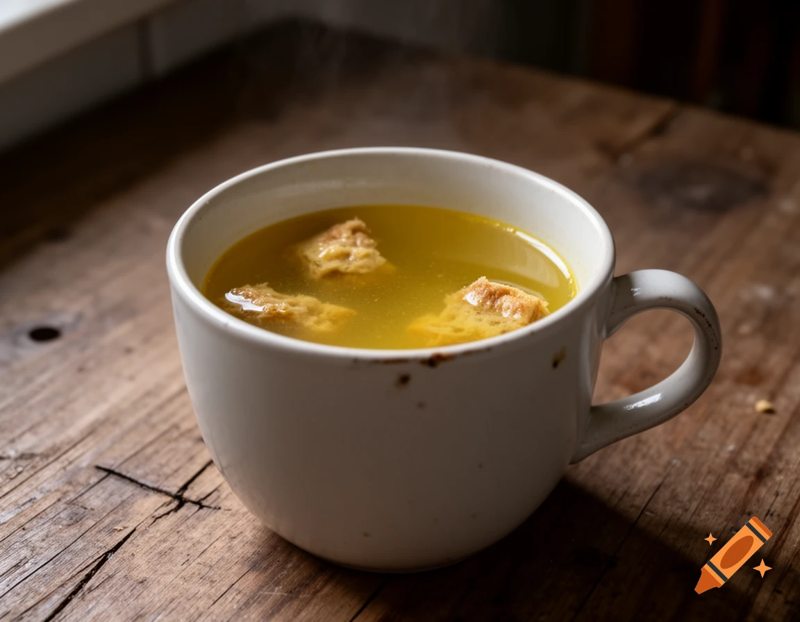 A white mug containing yellow liquid and three chunky pieces of food, emitting steam, sits on a rustic wooden table.