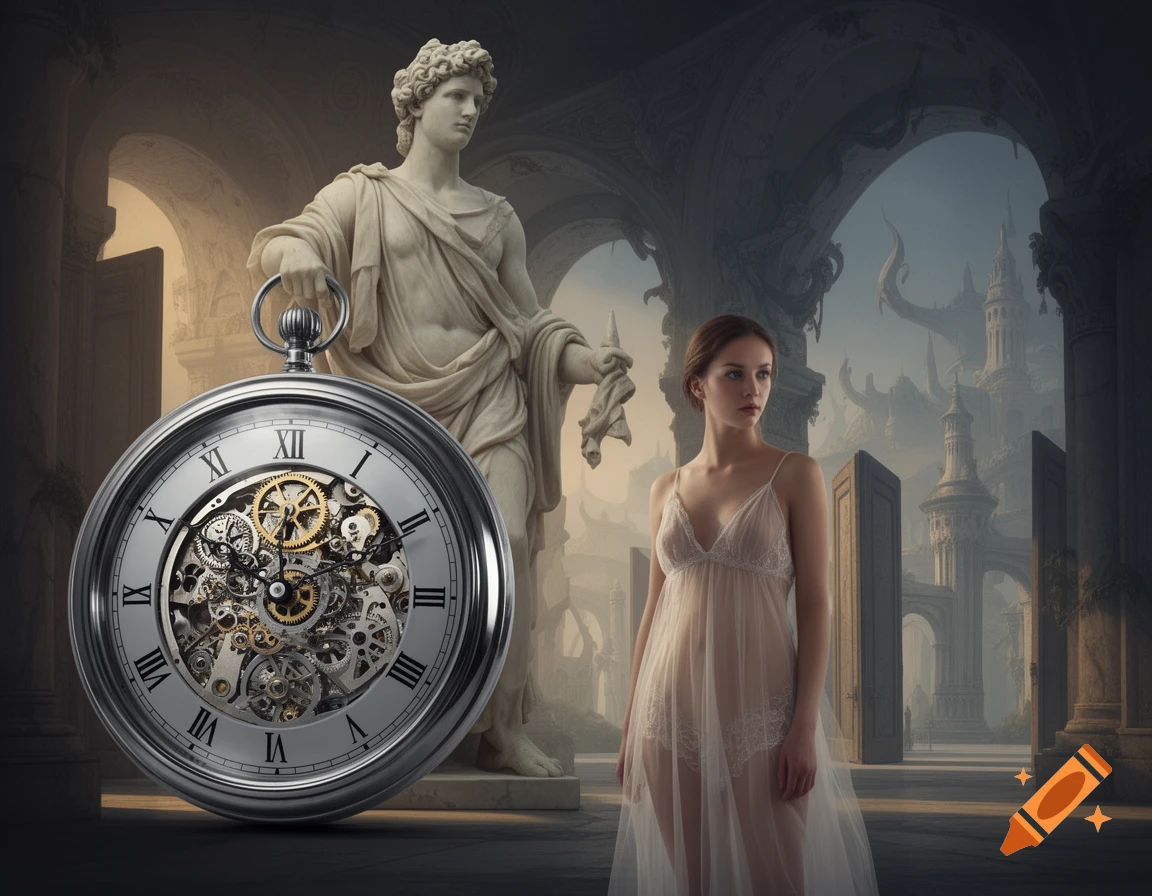 A neoclassical statue of Apollo and a young woman in a sheer negligee stand by a large pocket watch with visible gears, all within surreal, dreamlike architecture.