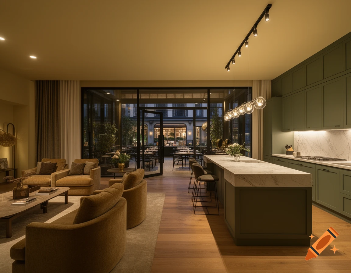 Modern open-plan living room with brown sofas, a green kitchen, marble island, and glass doors to an outdoor patio.