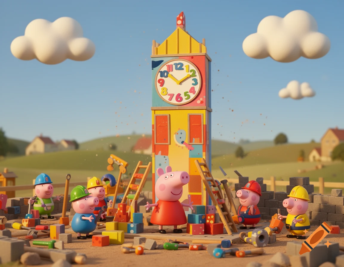 Peppa Pig and friends in hard hats construct a colorful wooden clock tower in a sunny field, surrounded by building blocks and tools.