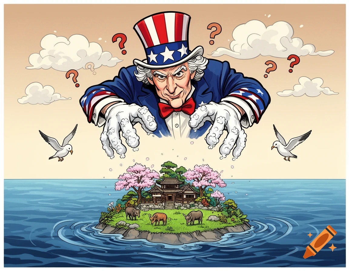 Cartoon Uncle Sam reaches down towards a small Japanese island with buildings, cherry blossoms, and animals, with question marks.