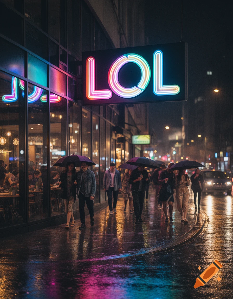 A neon 'LOL' sign illuminates a rainy city street at night, with people walking under umbrellas and colorful reflections on the wet pavement.