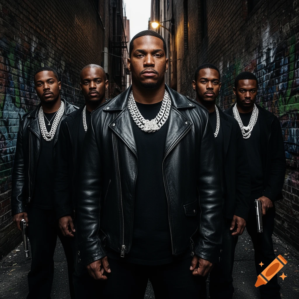 Five men in black leather jackets and large silver chains stand in a dark, graffiti-covered alley. Two men hold handguns.
