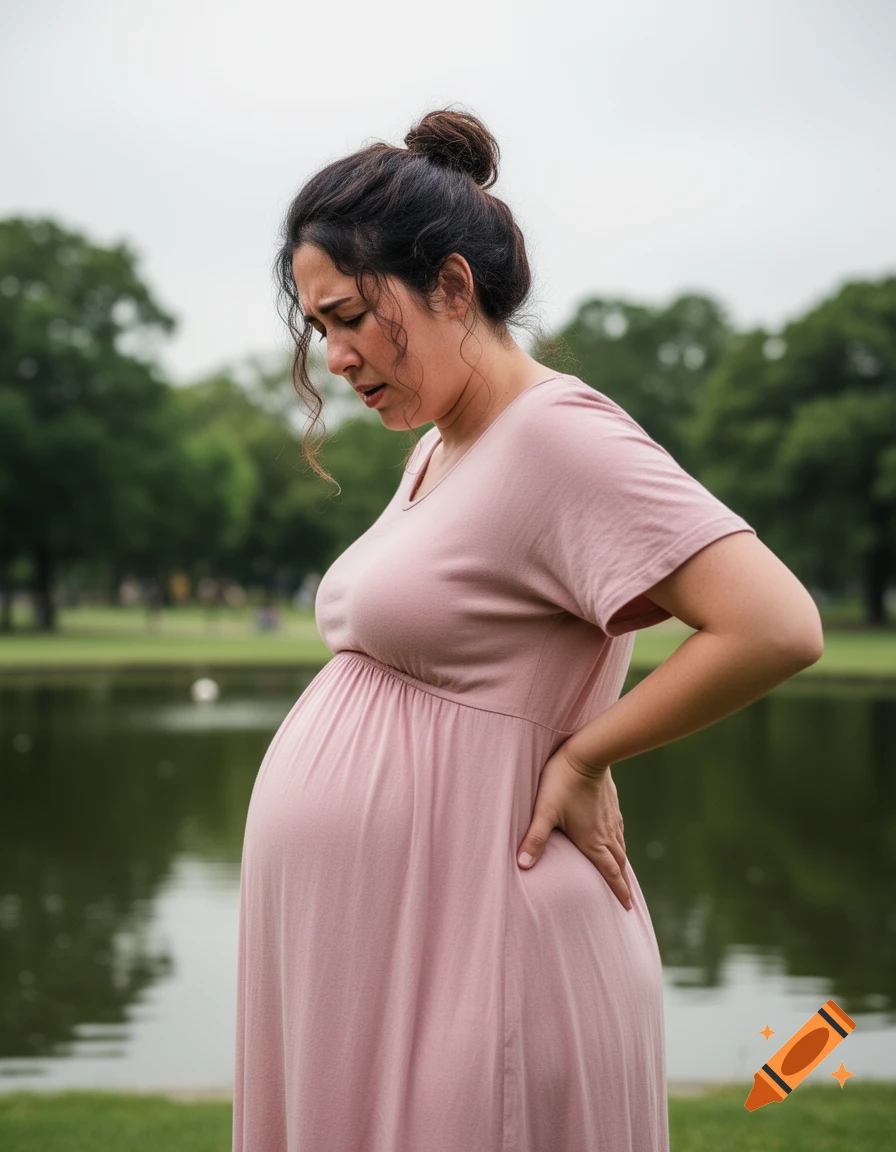 A pregnant woman in a pink dress clutches her back, looking pained outdoors by a lake. Photorealistic image.