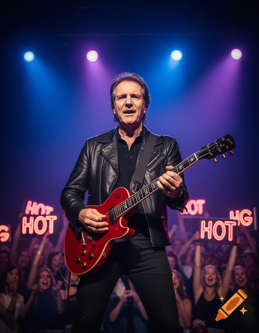 A male musician in a leather jacket plays a red electric guitar on stage under blue and purple spotlights, with a cheering crowd and neon 'HOT' signs in the background.