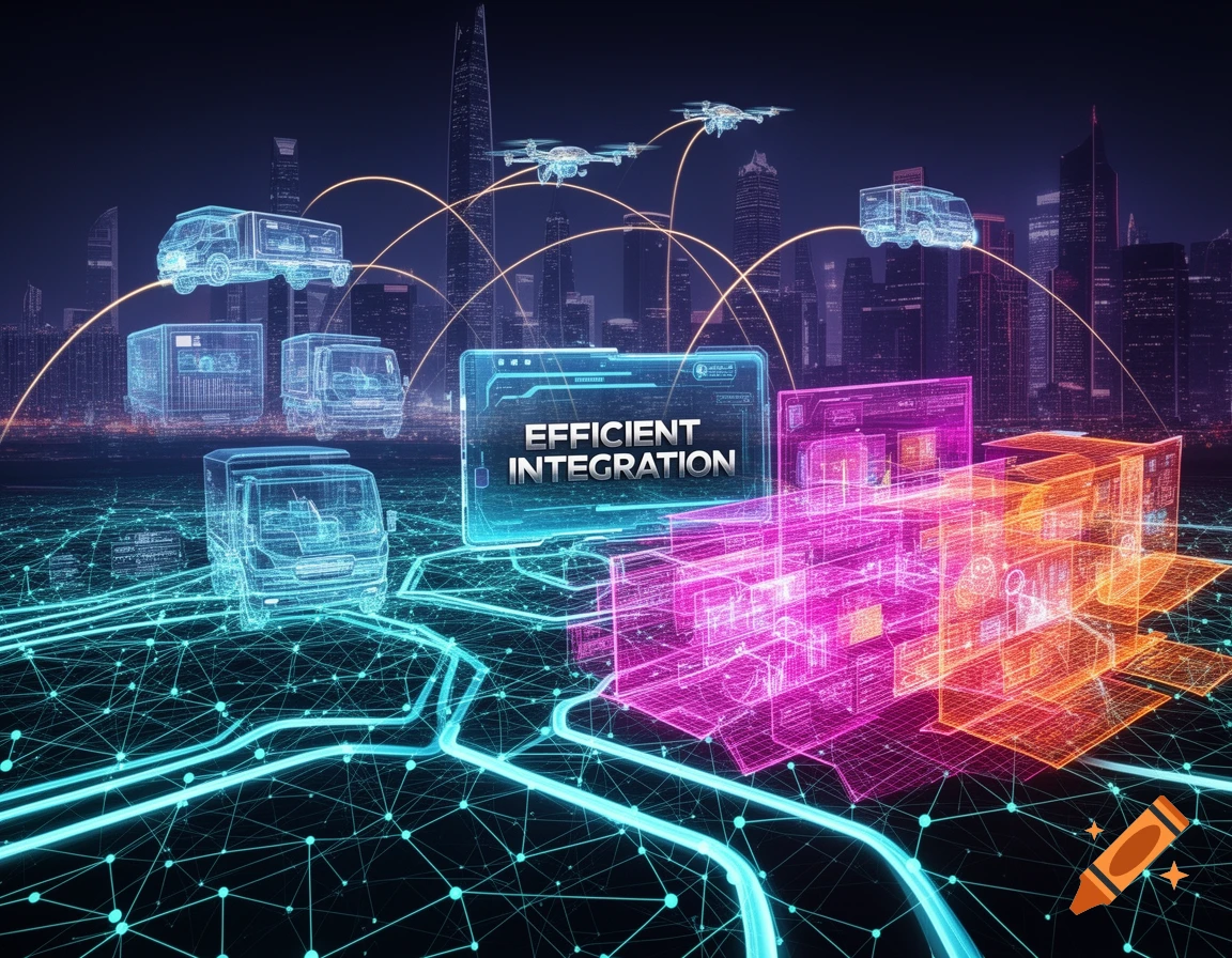 Holographic city with interconnected vehicles, drones, and data networks representing efficient integration.