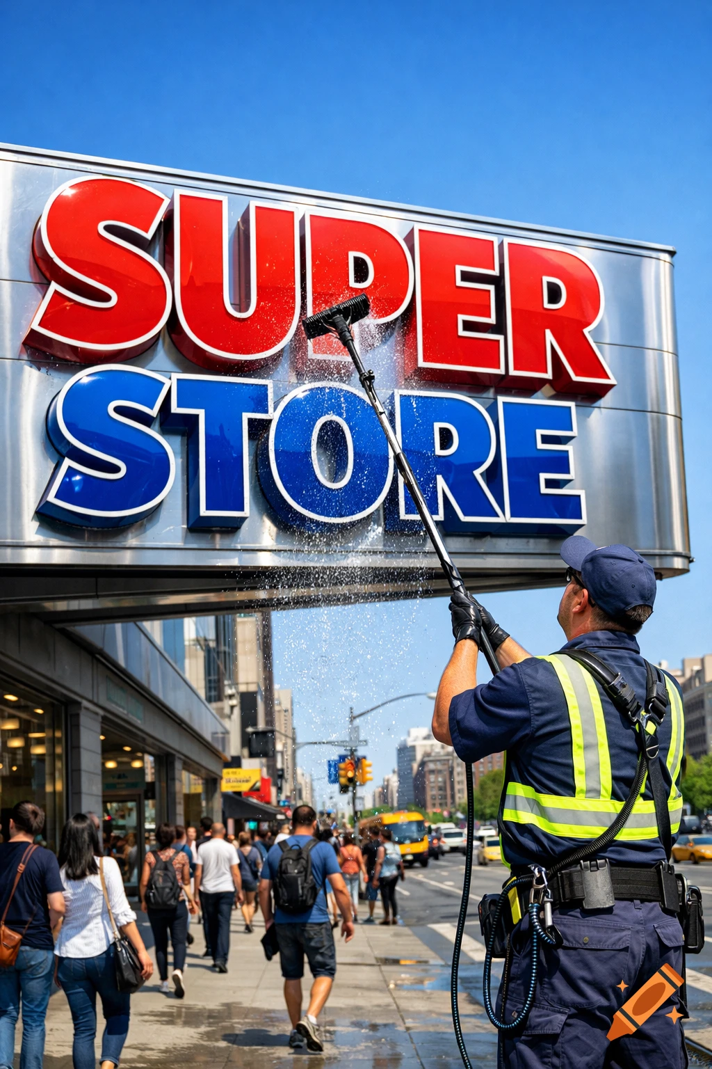 A worker uses a telescopic pole to clean the large "SUPER STORE" sign on a building facade along a busy city street.