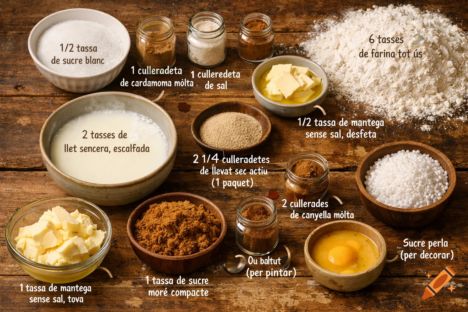 A flat lay of various baking ingredients including flour, sugars, butter, milk, spices, and eggs, neatly arranged and labeled in Catalan on a rustic wooden table.