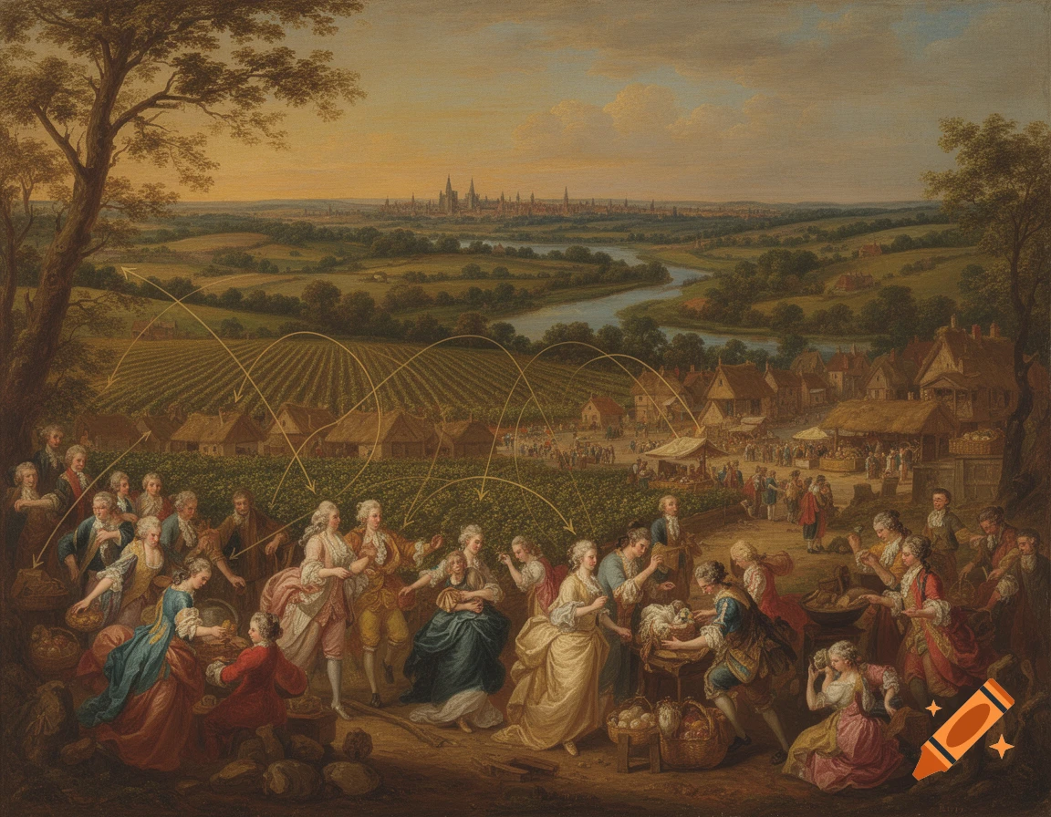 Rococo oil painting depicting an allegorical rural economy scene with many figures in a market town and cultivated fields, leading to a distant city.