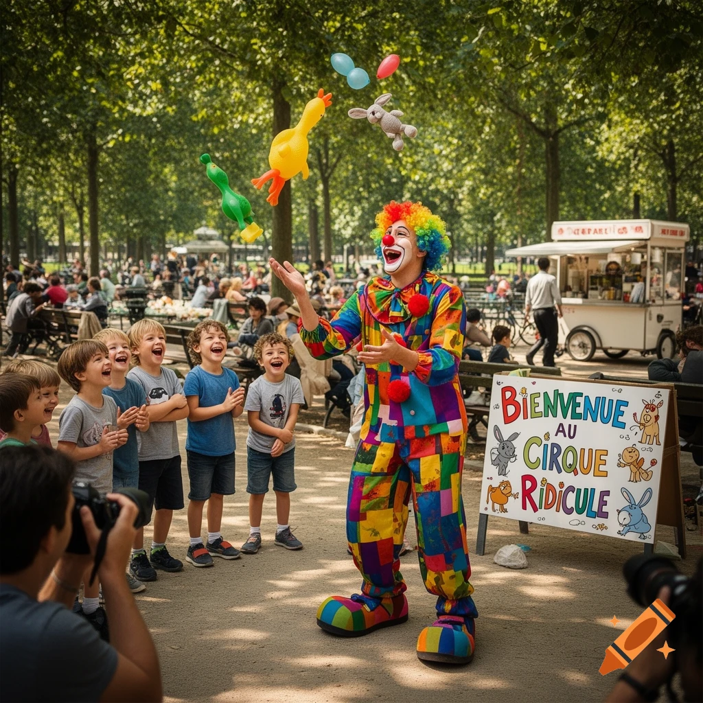 A clown in a colorful costume juggles toys for laughing children in a sunny park with a "Welcome to the Ridiculous Circus" sign.