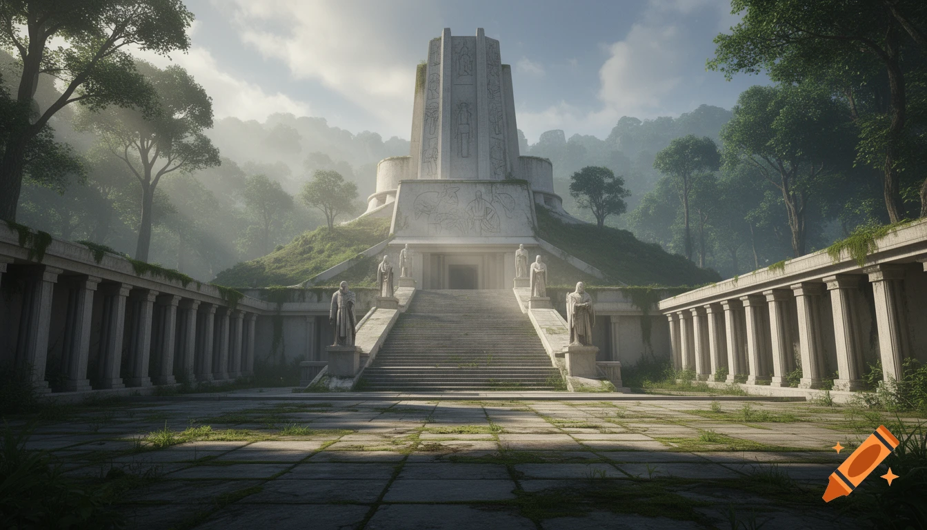 Scaley Temples Grand ancient stone temple with statues and stairs, surrounded by a ...