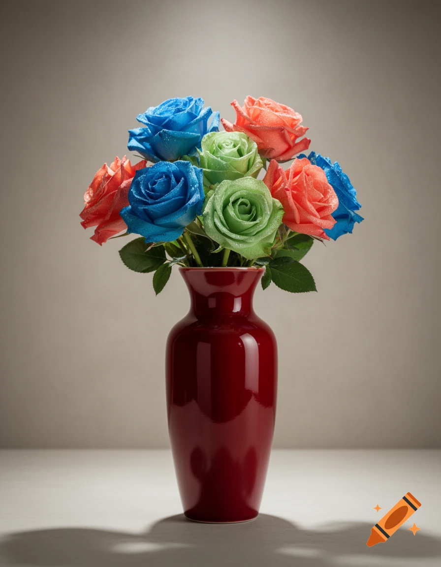 A vibrant bouquet of blue, green, and peach roses with water droplets in a tall, shiny red vase.