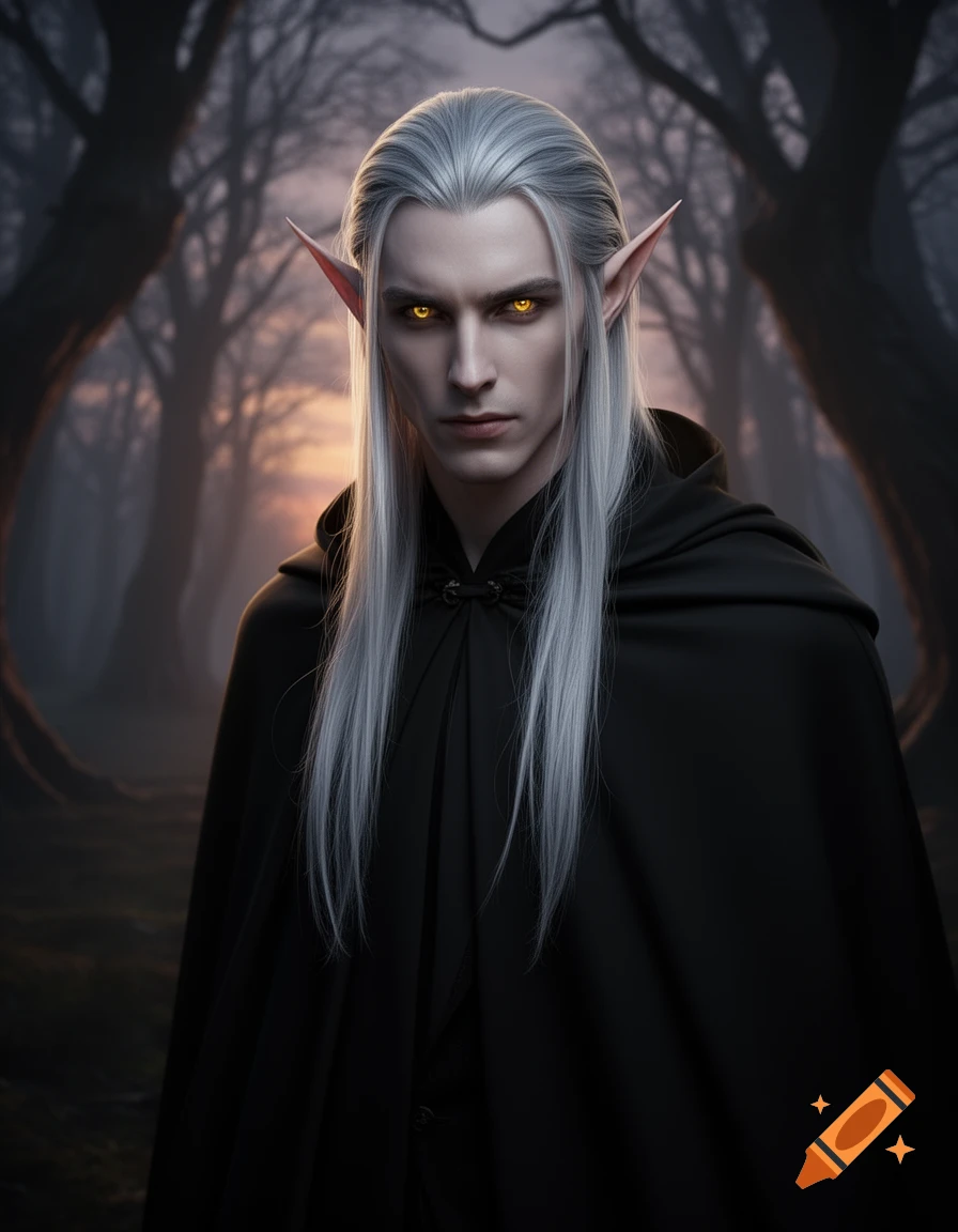 Photorealistic portrait of a dark elf with long silver hair, glowing golden eyes, and pointed ears, wearing a black cloak in a misty forest at twilight.