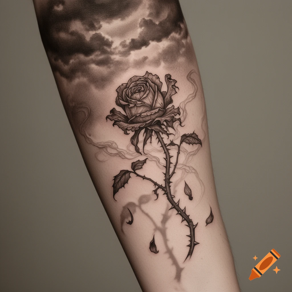 A black and grey tattoo on an arm, featuring a thorny rose with falling petals under a dark, cloudy sky.