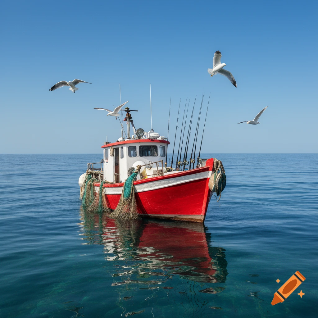A red and white fishing boat with nets and fishing rods floats in calm blue ocean water with seagulls flying above.