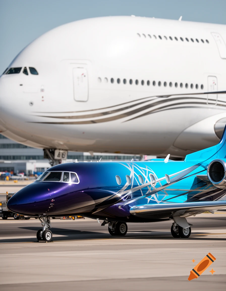 A vibrant blue and purple private jet with a custom paint job on a runway, with a large white Airbus A380 in the blurred background.