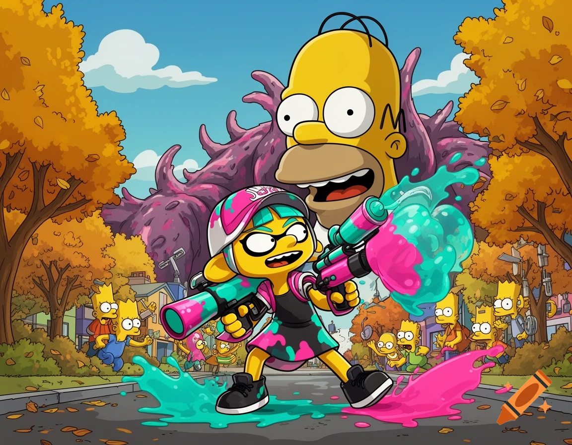 A Splatoon Inkling battling multiple Bart Simpsons with ink guns on a street, a giant Homer Simpson monster in the background, in The Simpsons cartoon style.